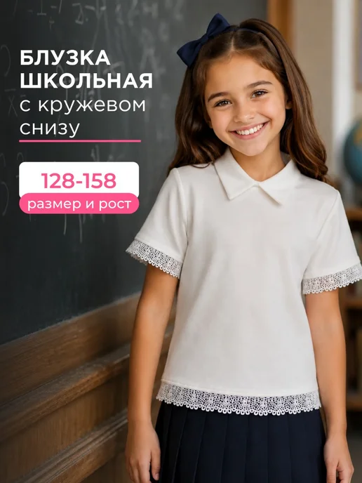 Блузка школьная для девочки белая нарядная с кружевом